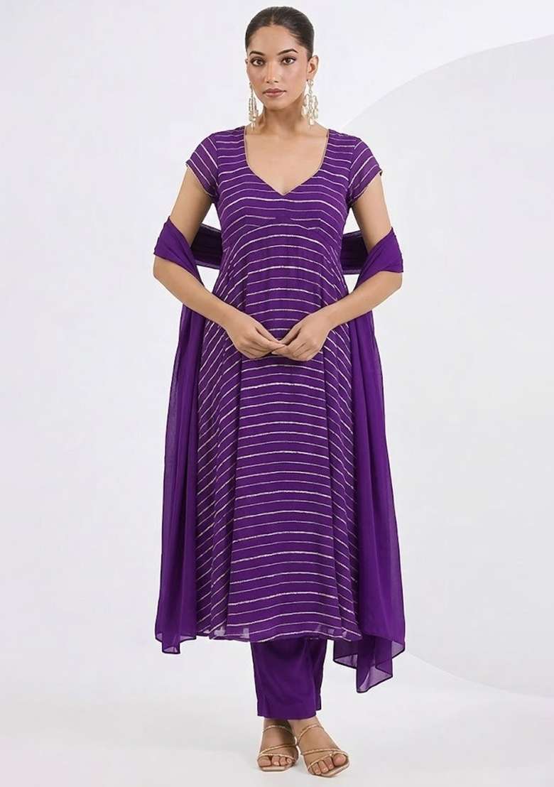 Purple Embroidered Chinnon Anarkali Set - Indya
