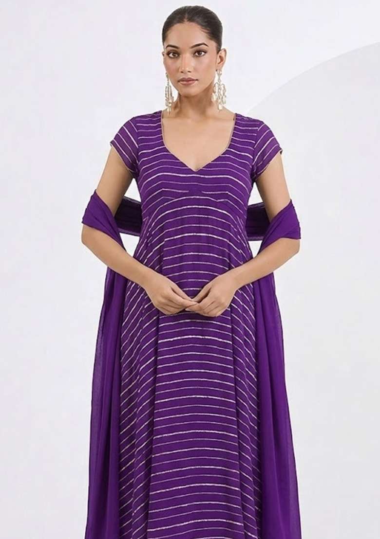 Purple Embroidered Chinnon Anarkali Set - Indya