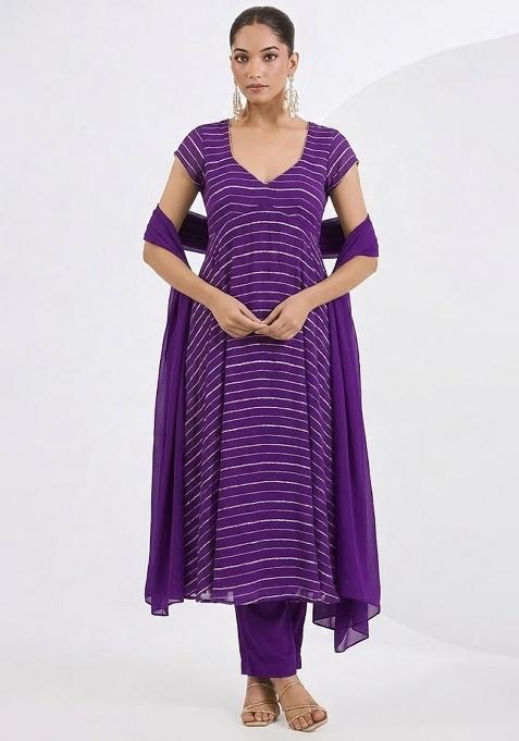 Purple Embroidered Chinnon Anarkali Set