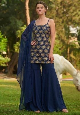 Navy Blue Sequin Silk Sharara Set
