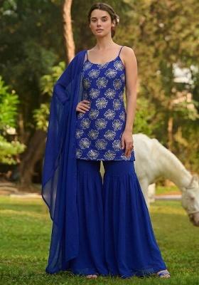 Royal Blue Sequin Silk Sharara Set