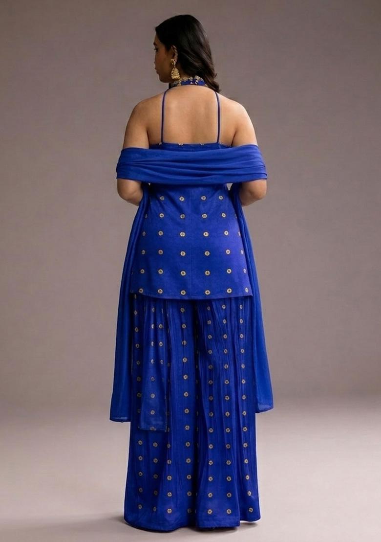 Royal Blue Printed Tissue Sharara Set - Indya