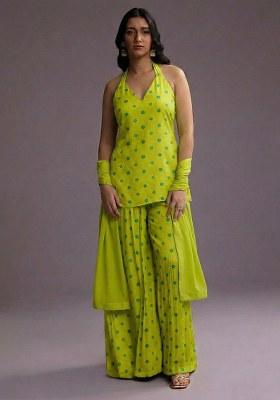 Lime Green Printed Tissue Sharara Set