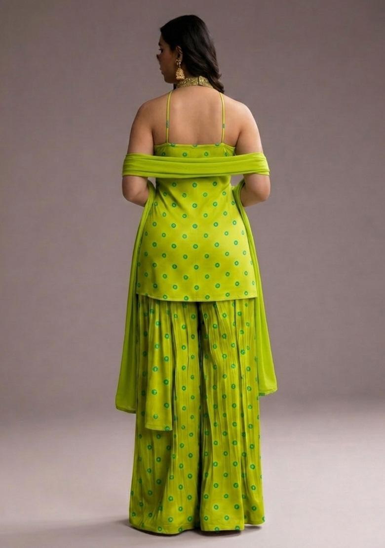 Lime Green Printed Tissue Sharara Set - Indya