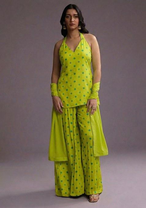 Lime Green Printed Tissue Sharara Set