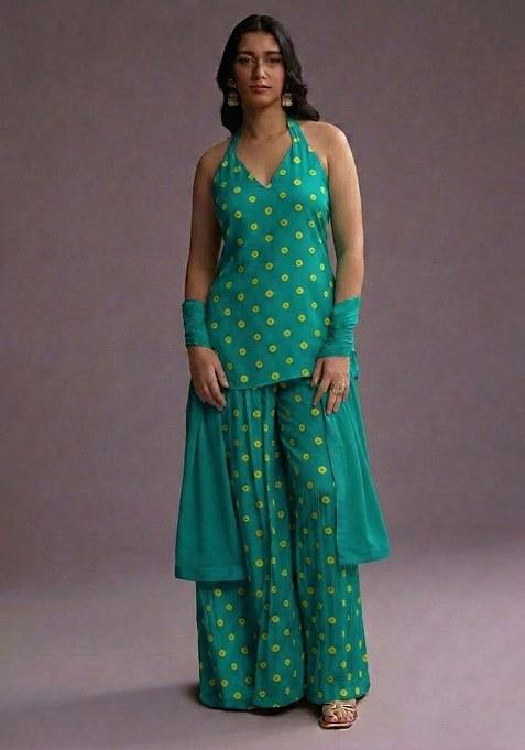 Teal Green Printed Tissue Sharara Set