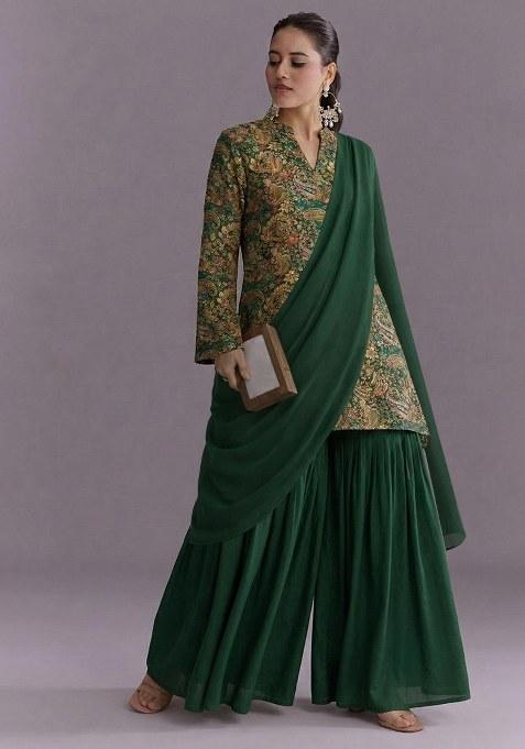 Forest Green Embroidered Crepe Sharara Set
