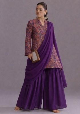 Purple Embroidered Crepe Sharara Set