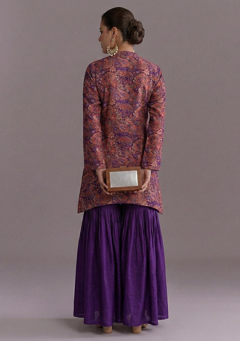 Purple Embroidered Crepe Sharara Set - Indya