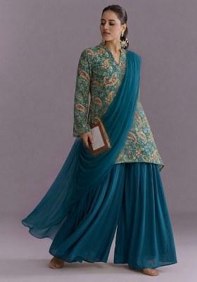 Teal Blue Embroidered Crepe Sharara Set