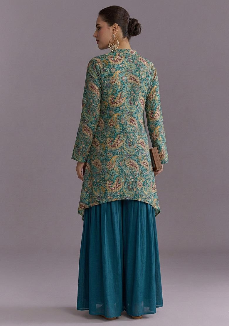 Teal Blue Embroidered Crepe Sharara Set - Indya