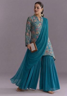 Teal Blue Embroidered Crepe Sharara Set