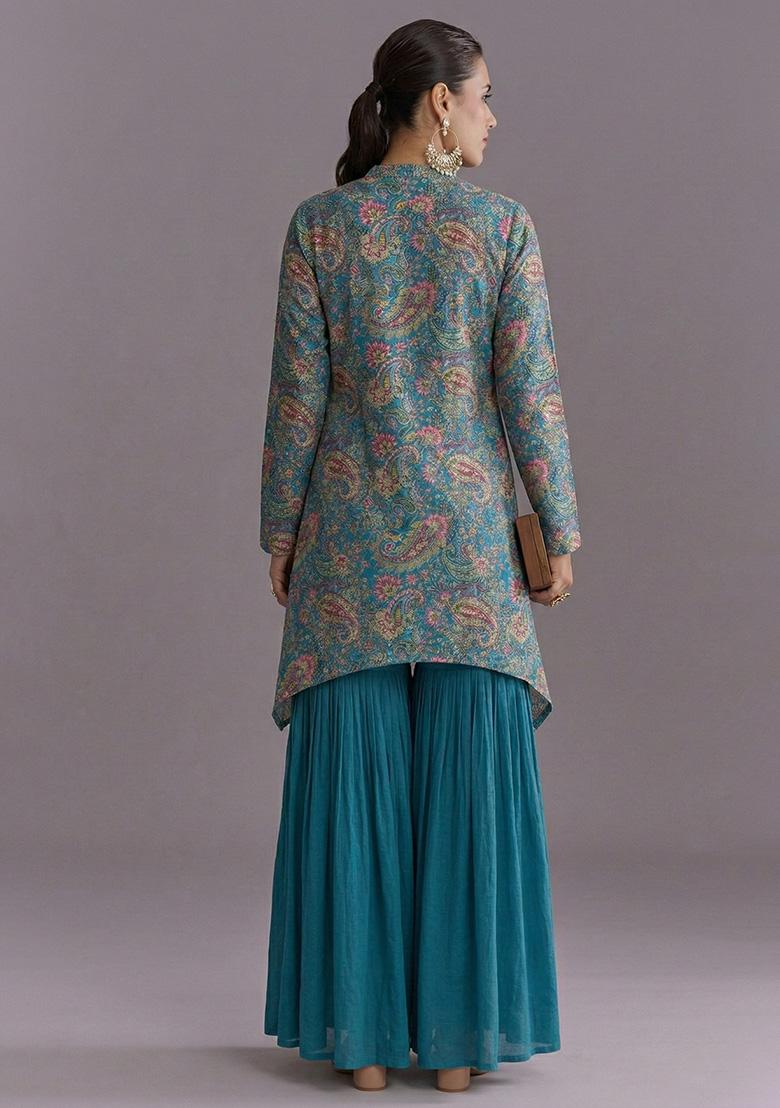 Teal Blue Embroidered Crepe Sharara Set - Indya