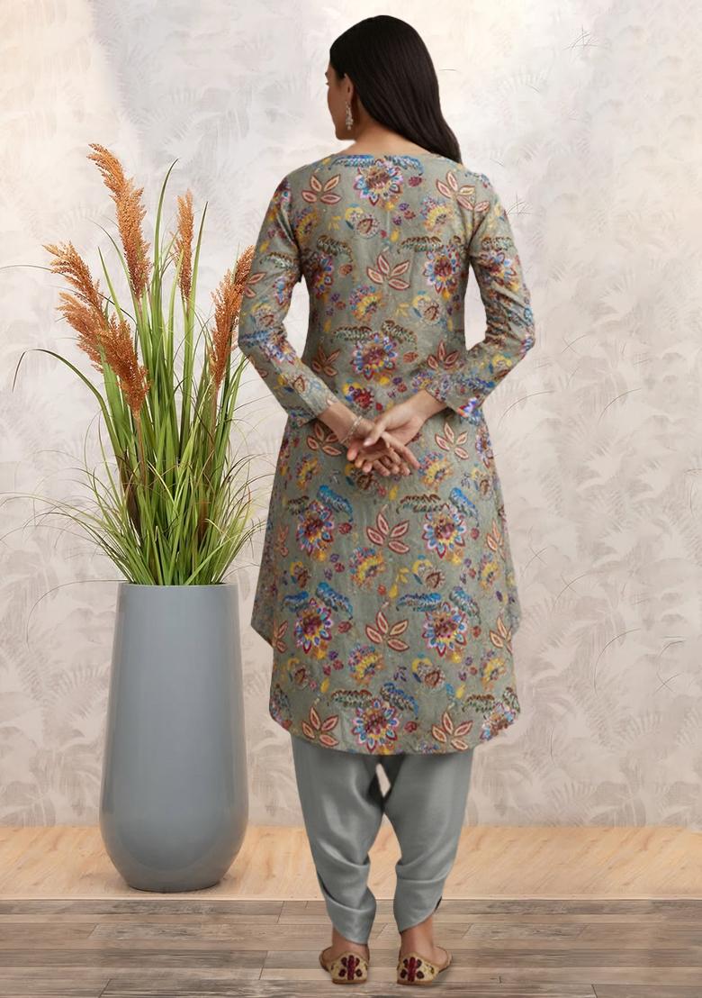 Grey Embroidered Crepe Kurta Set - Indya