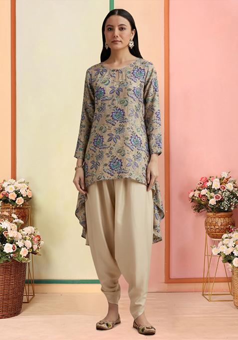 Beige Floral Print Crepe Punjabi Suit Set