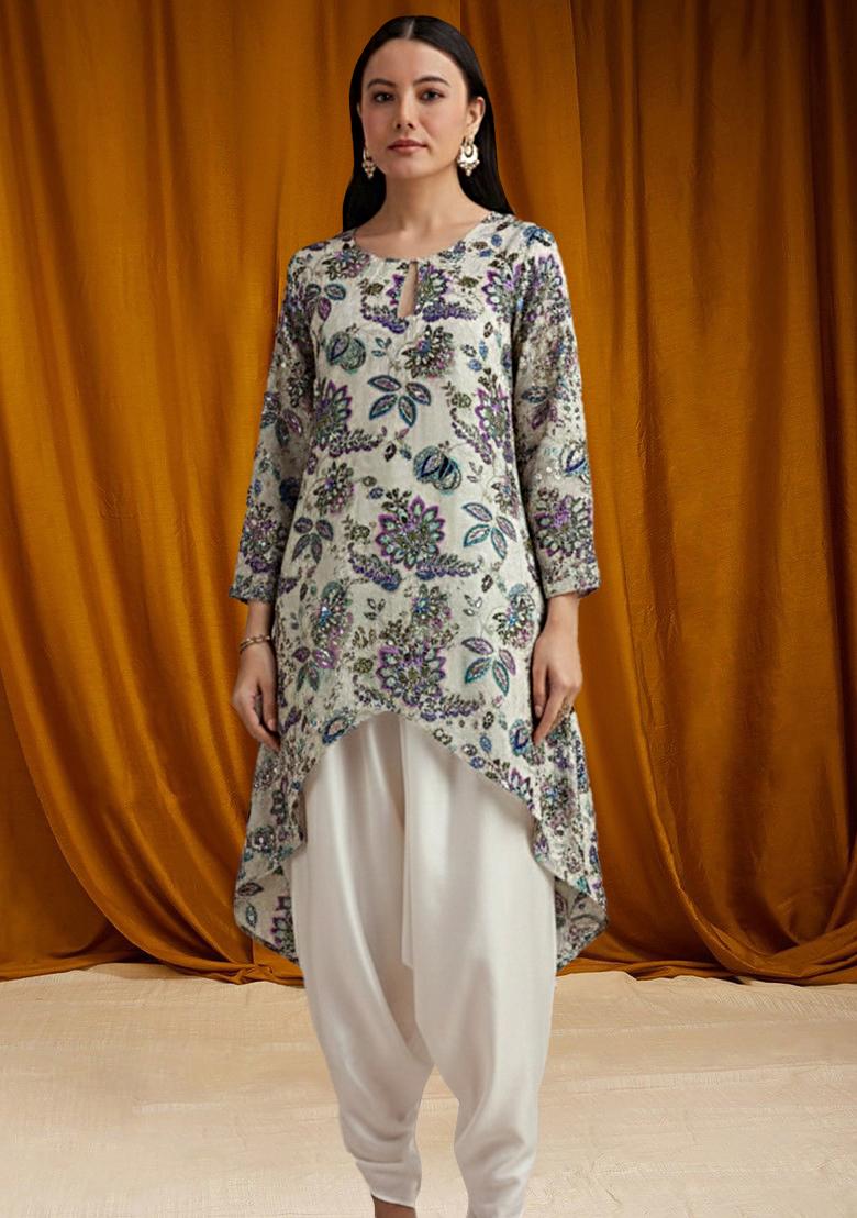 Off White Embroidered Crepe Kurta Set - Indya