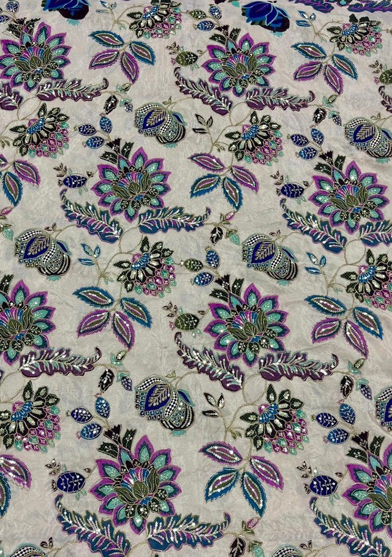 Off White Embroidered Crepe Kurta Set - Indya