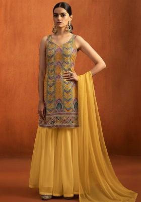 Mustard Embroidered Crepe Sharara Set
