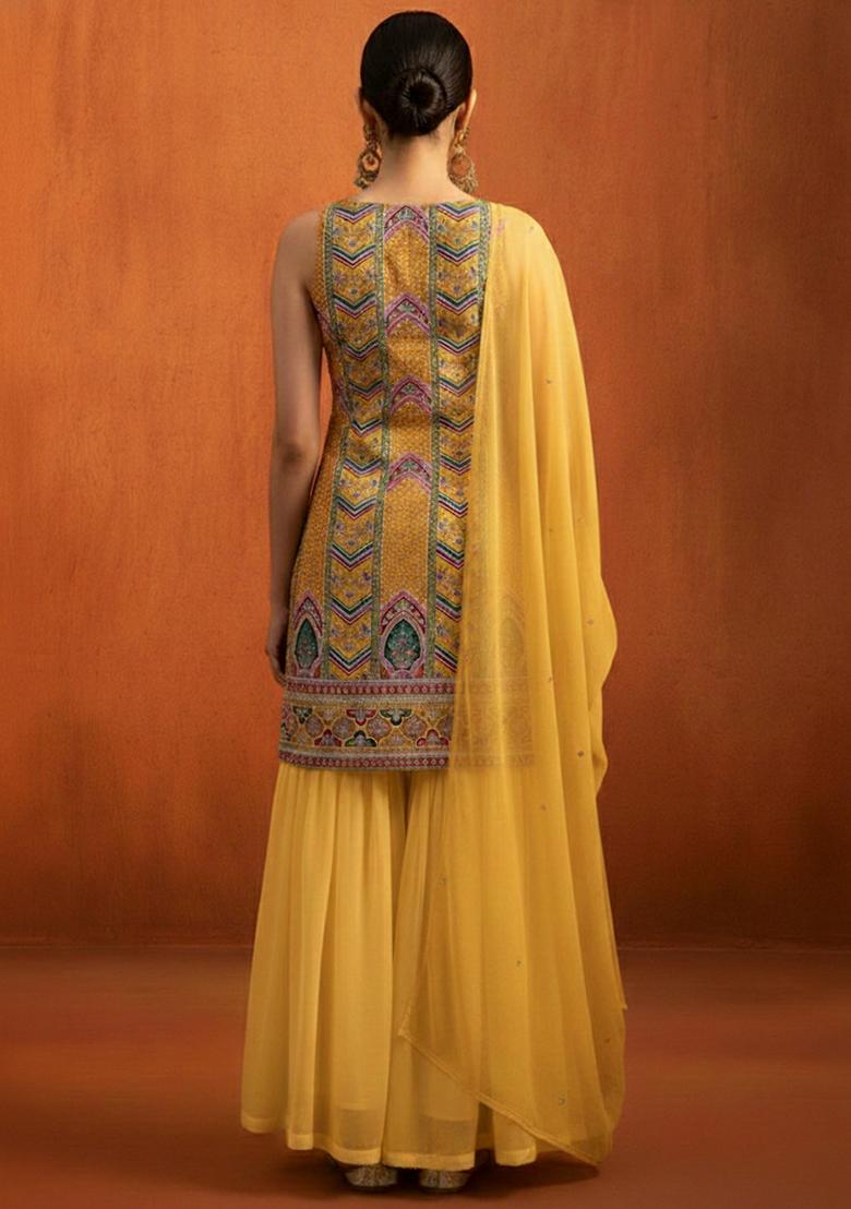Mustard Embroidered Crepe Sharara Set - Indya