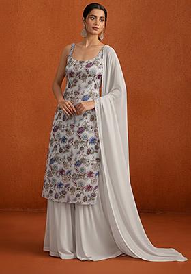 Ivory Embroidered Crepe Sharara Set