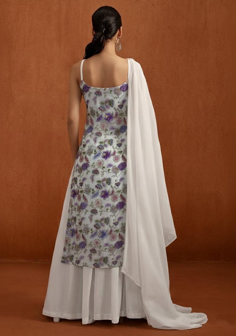 Ivory Embroidered Crepe Sharara Set - Indya