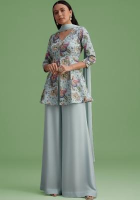 Powder Blue Embroidered Crepe Sharara Set