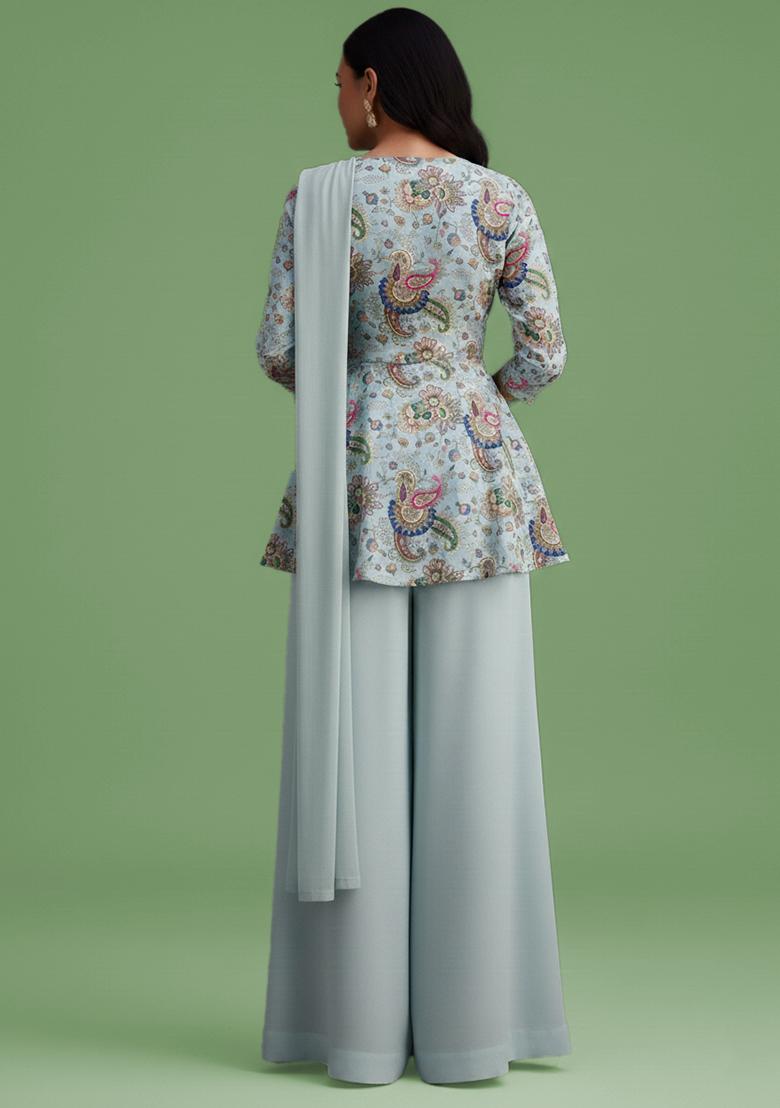 Powder Blue Embroidered Crepe Sharara Set - Indya