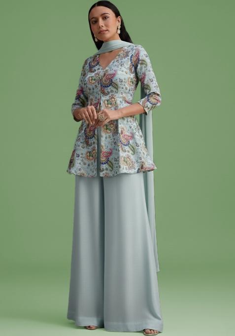 Powder Blue Embroidered Crepe Sharara Set