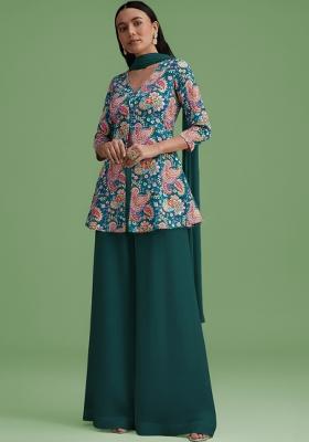 Bottle Green Embroidered Crepe Sharara Set