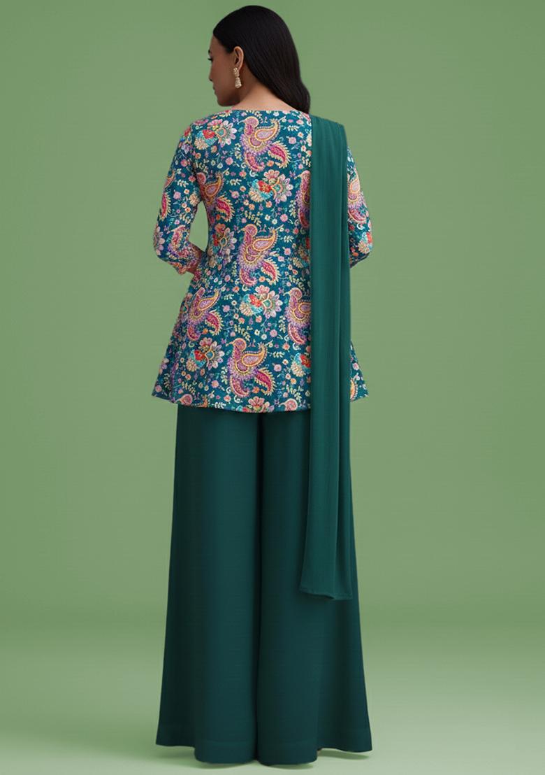 Bottle Green Embroidered Crepe Sharara Set - Indya