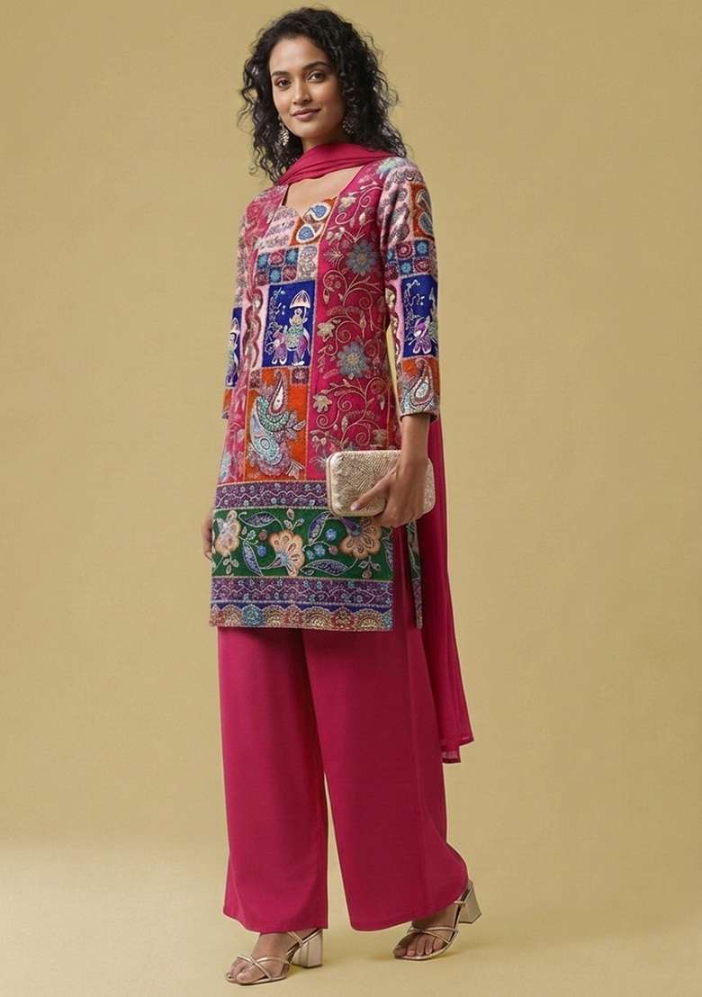 Rani Pink Printed Crepe Pakistani Suit Set - Indya