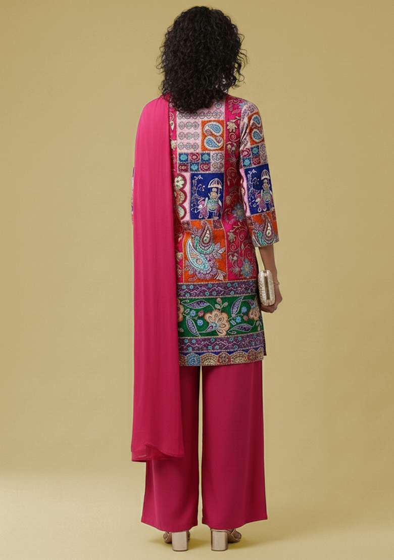 Rani Pink Printed Crepe Pakistani Suit Set - Indya