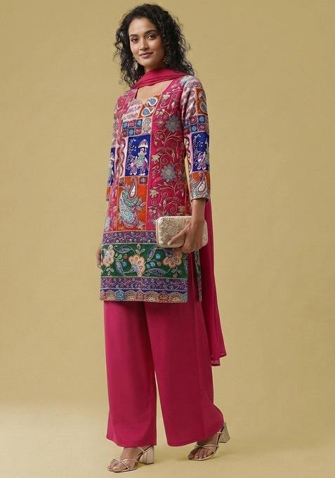 Rani Pink Printed Crepe Pakistani Suit Set