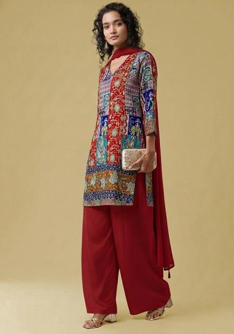 Red Printed Crepe Pakistani Suit Set