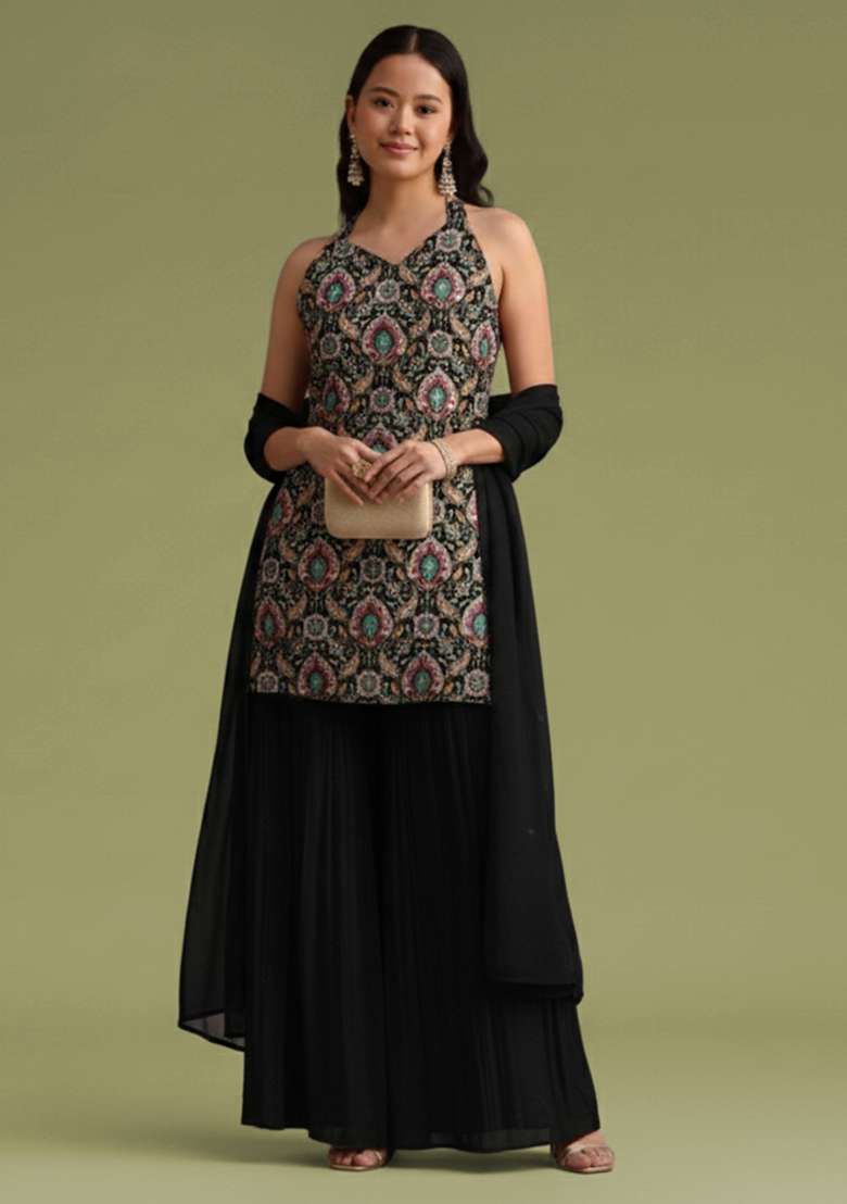 Black Embroidered Crepe Sharara Set - Indya