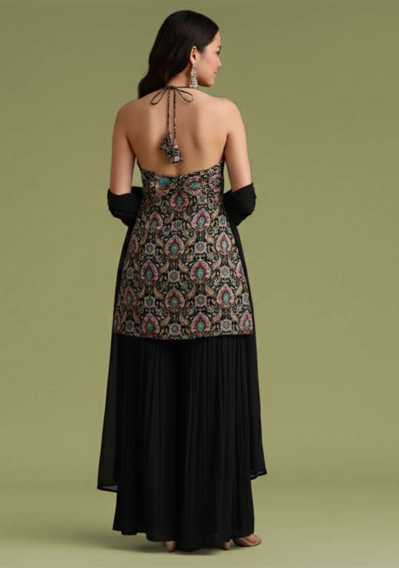 Black Embroidered Crepe Sharara Set - Indya