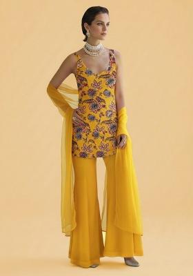 Mustard Floral Print Crepe Sharara Set
