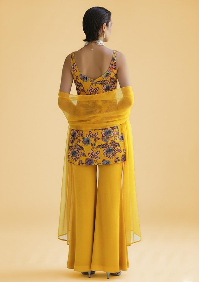 Mustard Floral Print Crepe Sharara Set - Indya