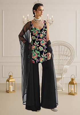 Black Floral Print Crepe Sharara Set