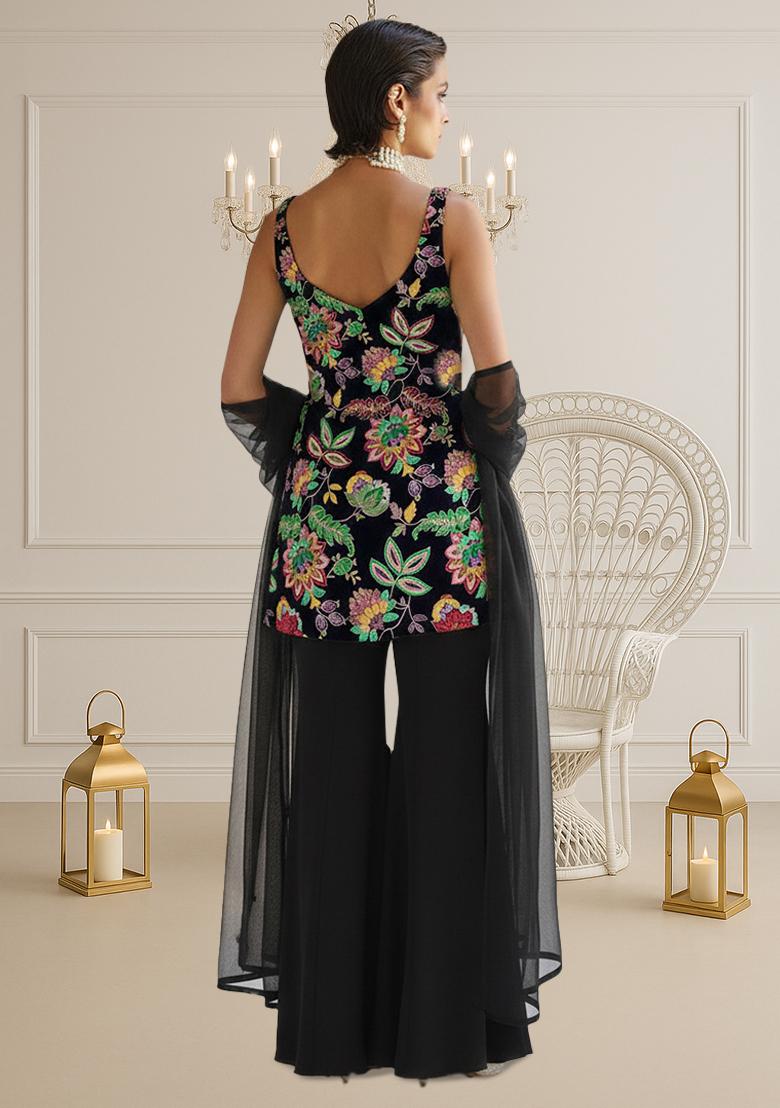 Black Floral Print Crepe Sharara Set - Indya