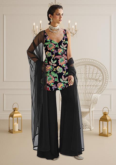 Black Floral Print Crepe Sharara Set