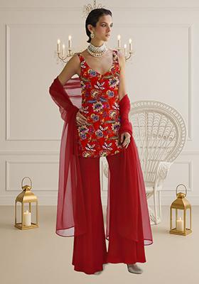 Red Floral Print Crepe Sharara Set
