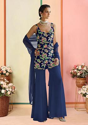 Navy Blue Floral Print Crepe Sharara Set