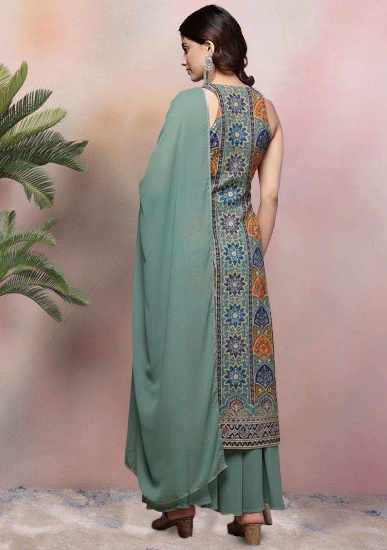 Sage Green Embroidered Crepe Sharara Set - Indya