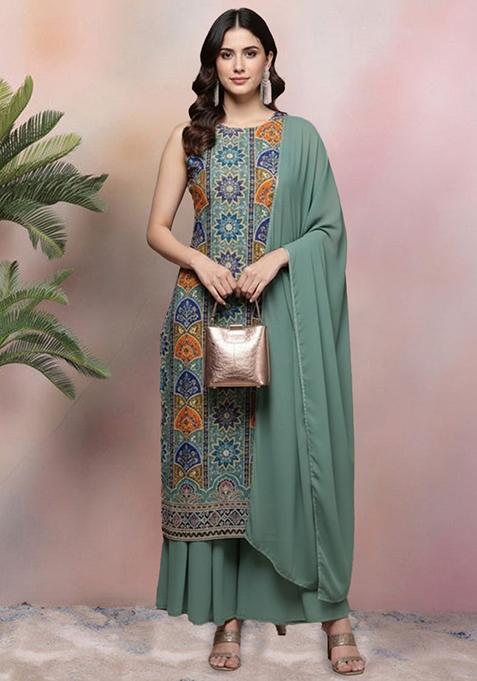 Sage Green Embroidered Crepe Sharara Set
