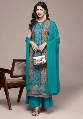 Teal Green Embroidered Crepe Sharara Set