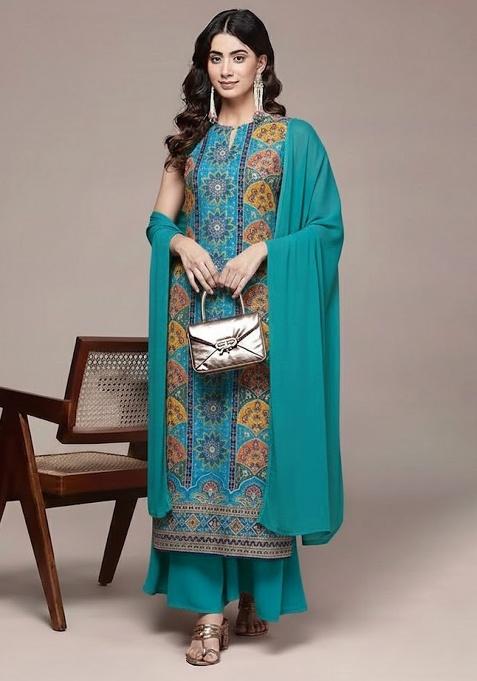 Teal Green Embroidered Crepe Sharara Set