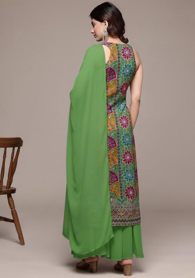 Green Embroidered Crepe Sharara Set - Indya