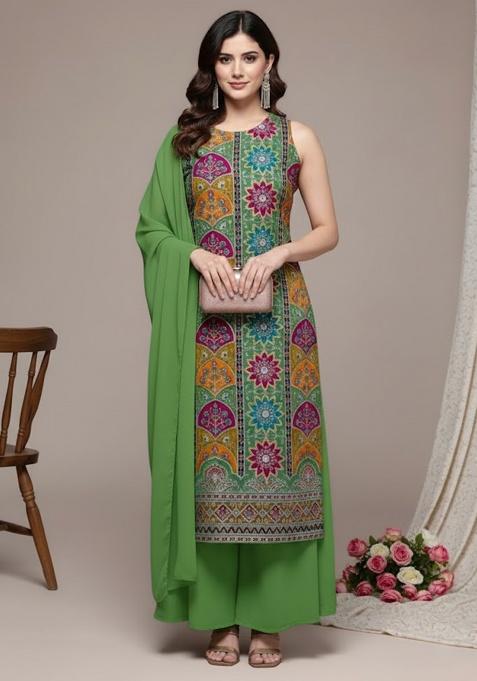 Green Embroidered Crepe Sharara Set