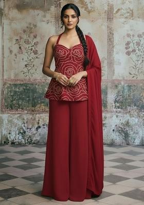 Deep Red Embroidered Crepe Sharara Set
